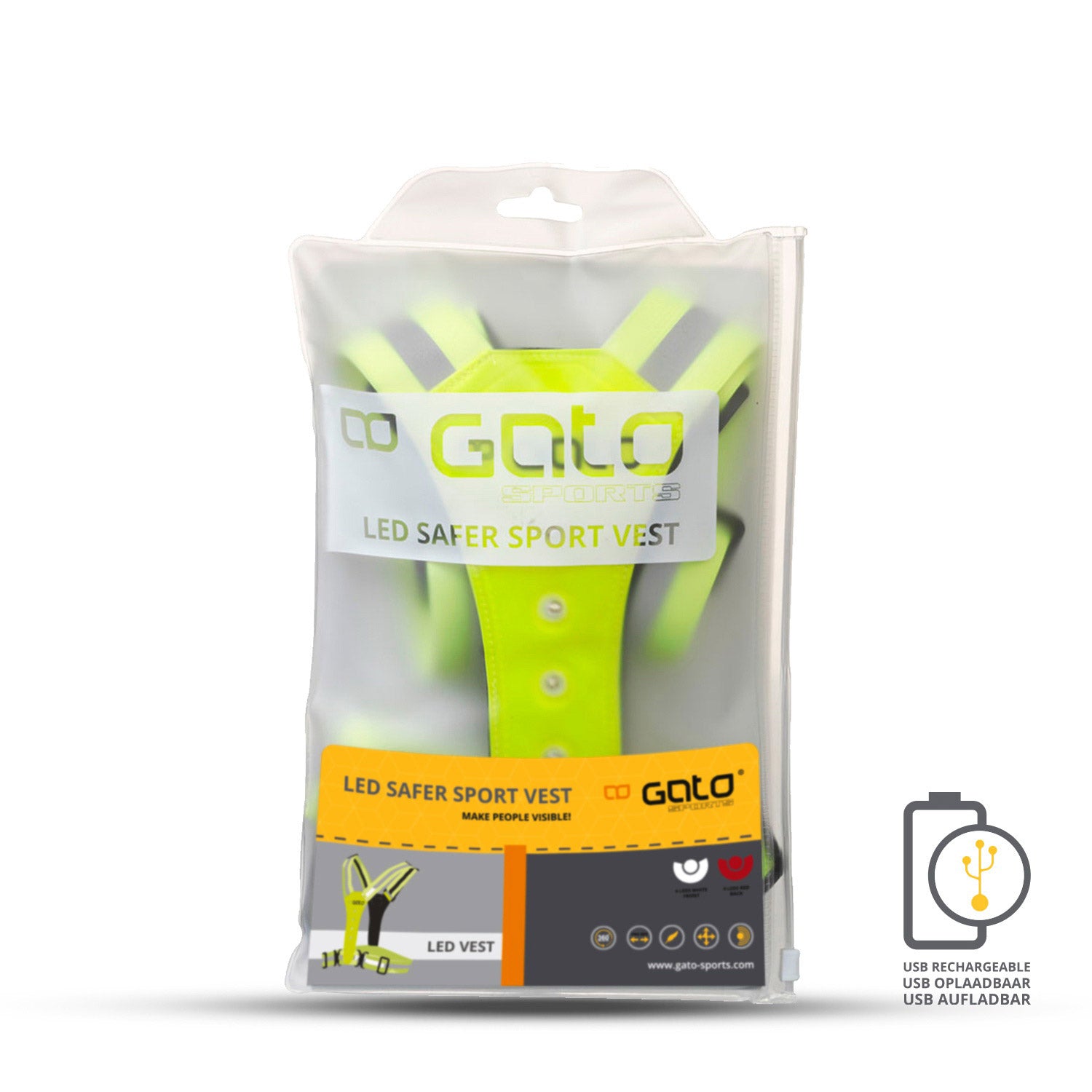 Gato veiliger sport led vest usb neon geel one size