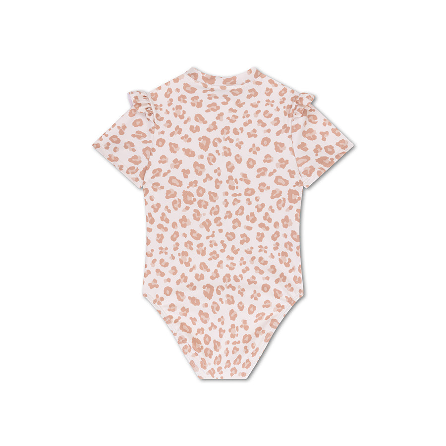 Leopard | beige meisjes uv badpak met korte mouwen