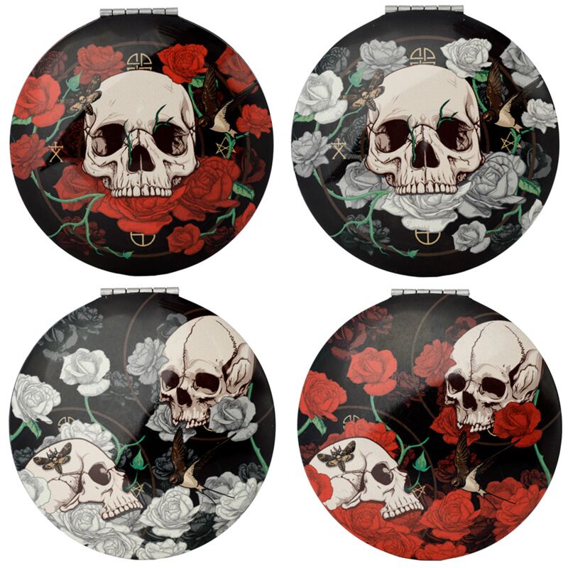 Schedel en rozen compact make-up spiegeltje