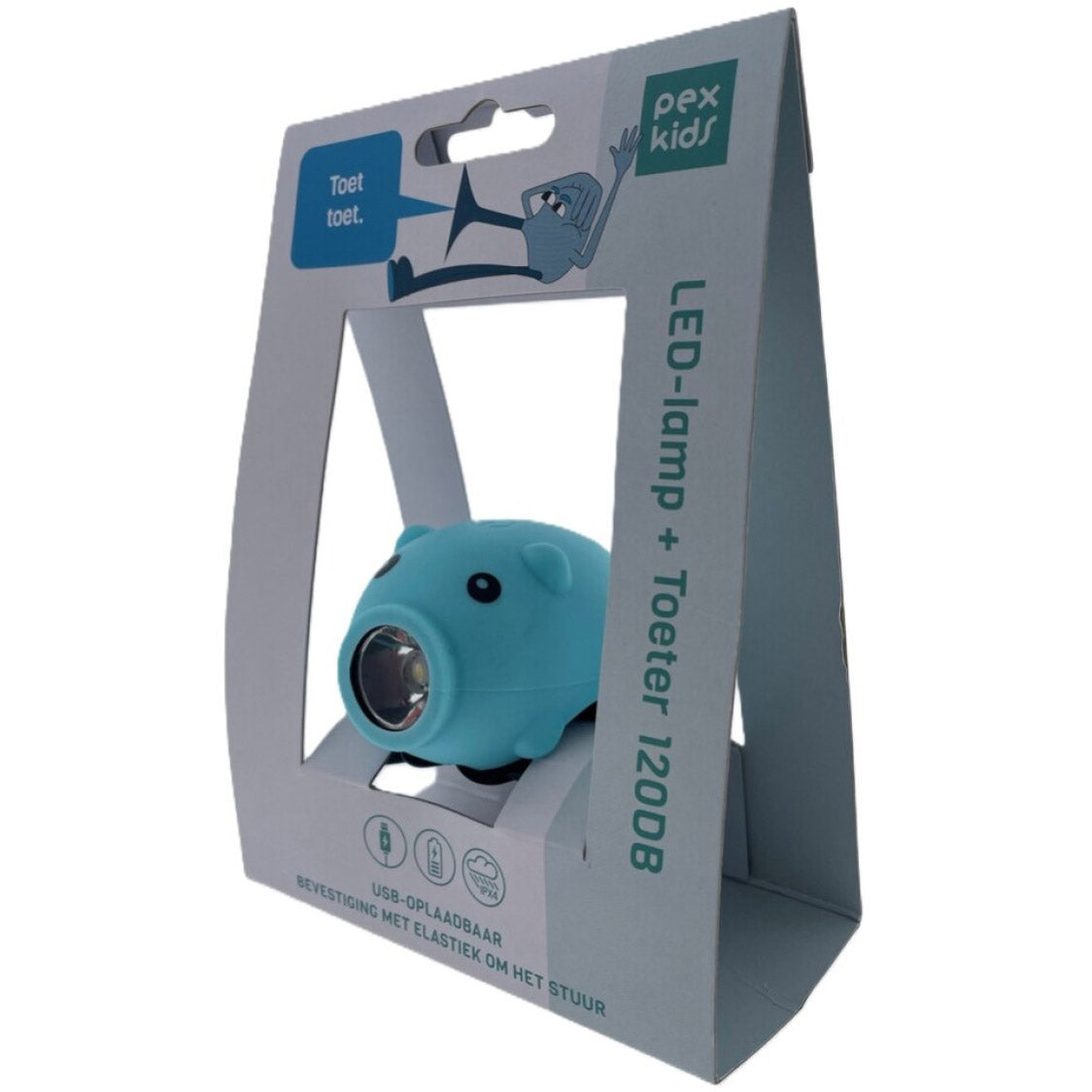Pexkids fietstoeter varken met led lamp usb blauw