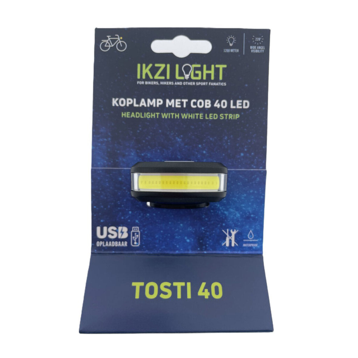 Ikzi koplamp light tosti 40 cob led, usb-oplaadbaar