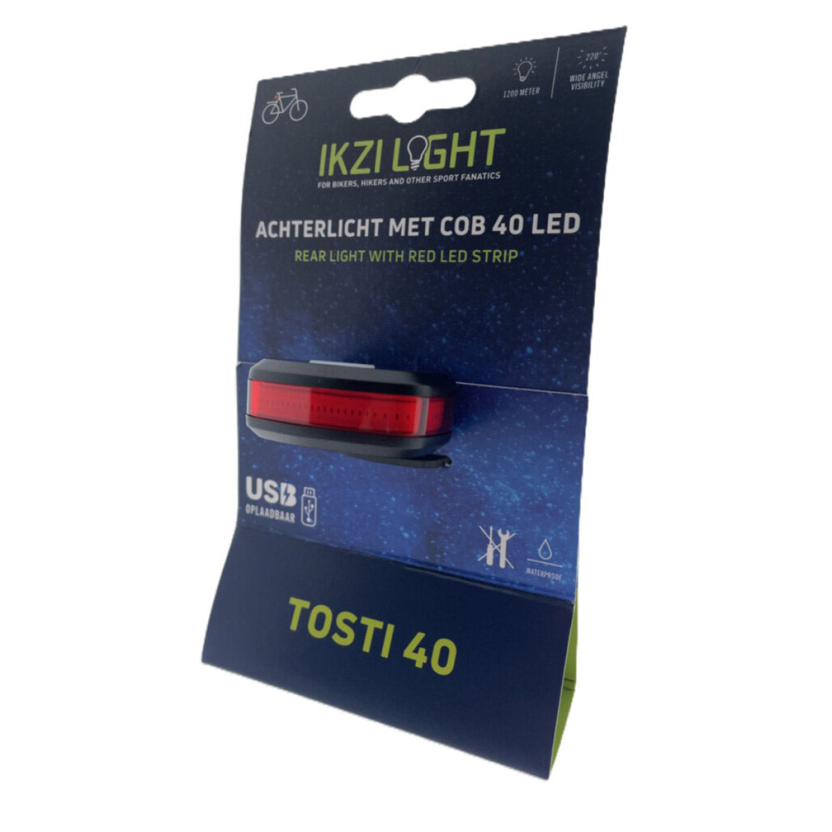 Ikzi light achterlicht tosti 40 cob led, usb-oplaadbaar