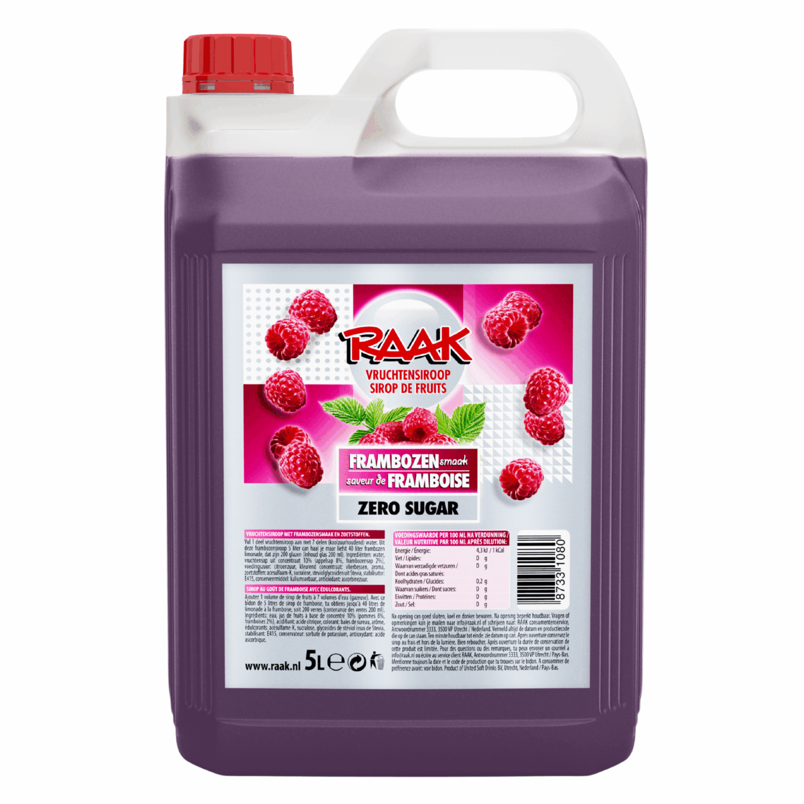 Raak vruchtensiroop zero sugar framboos (5 liter)