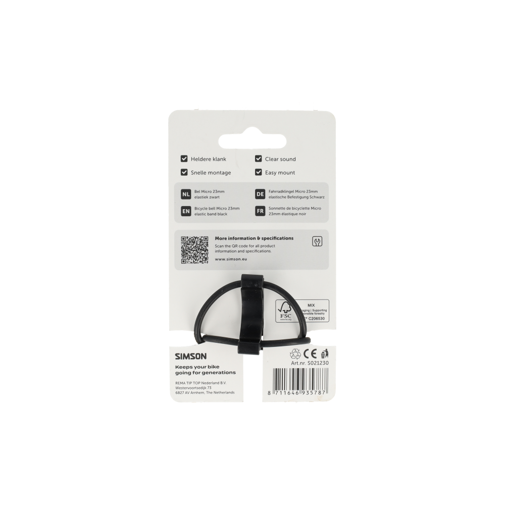 Rema tip top nederland b.v. simson fietsbel micro 23mm rubber elastiek bevestiging zwart