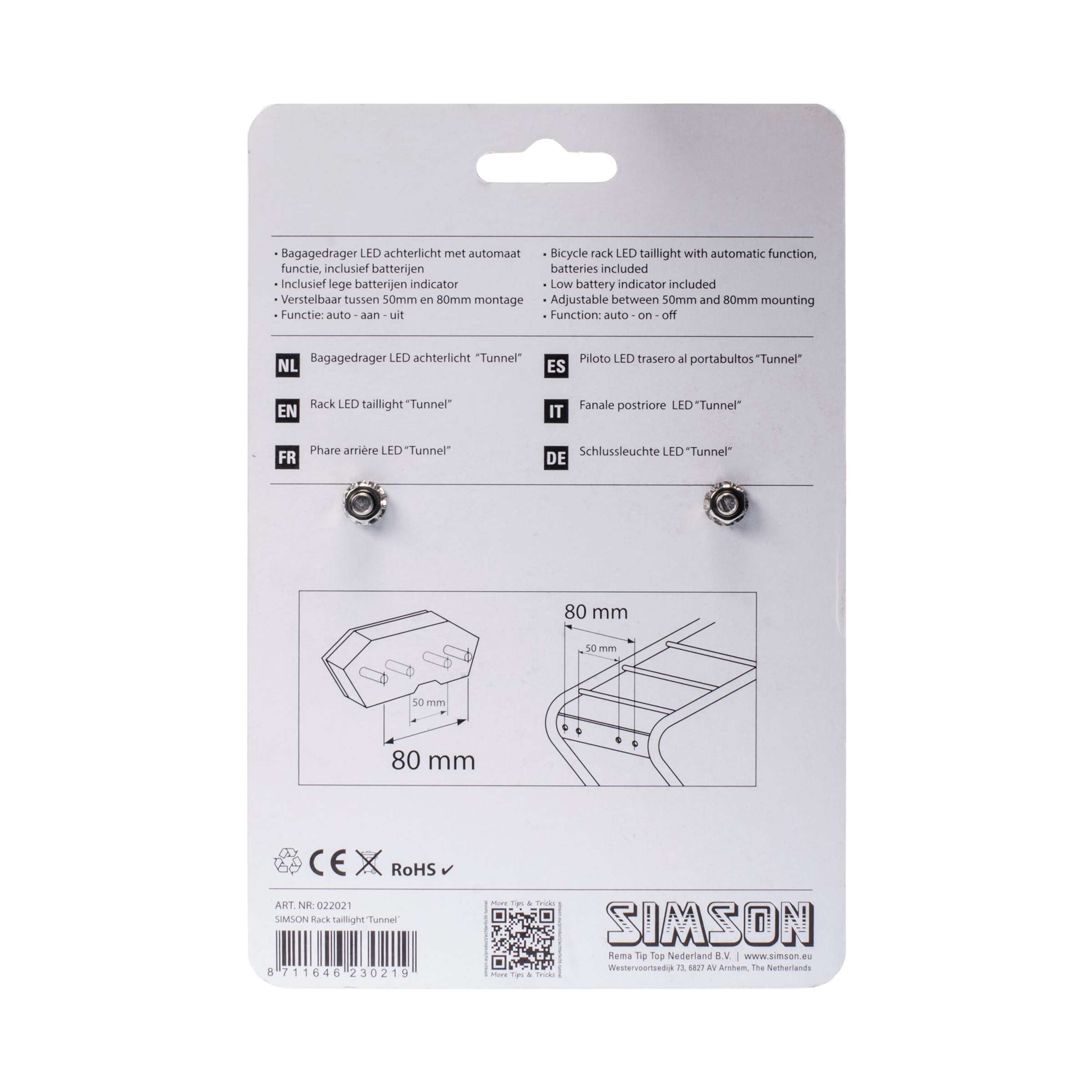 Simson batterij bagagedrager achterlicht tunnel 3 led auto