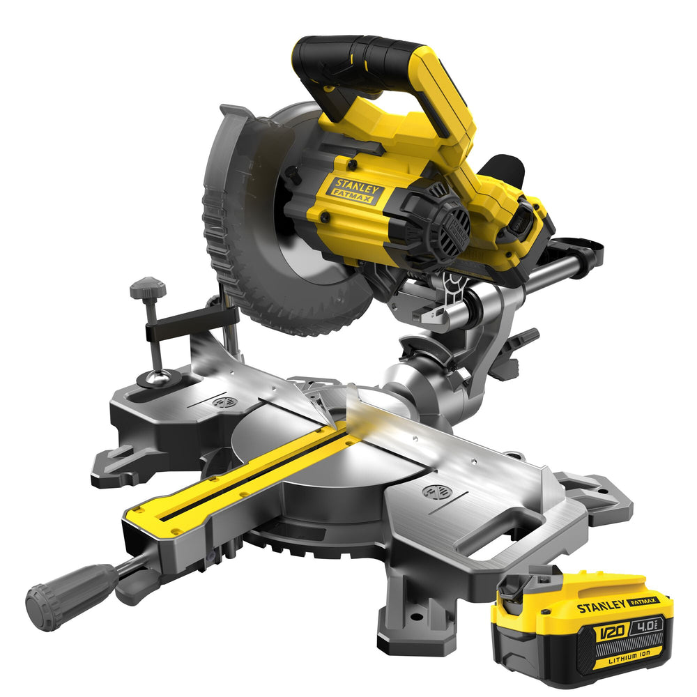 Stanley fatmax v20 18v 4.0ah 190 mm afkort- en verstekzaag (geel zwart, accu (18v, 4.0ah) en oplader (2a) inbegrepen)
