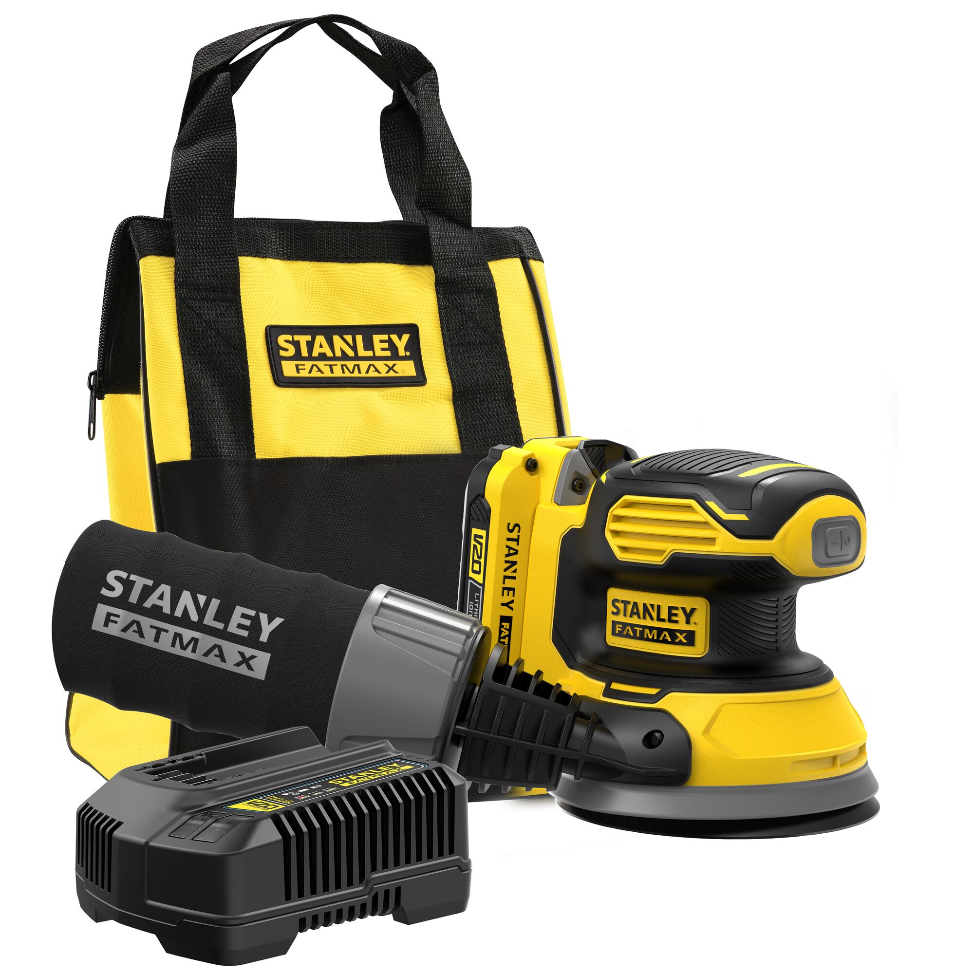 Stanley fatmax v20 18v excentrische schuurmachine (geel zwart, softbag, accu (2.0ah) en oplader (2a) inbegrepen)