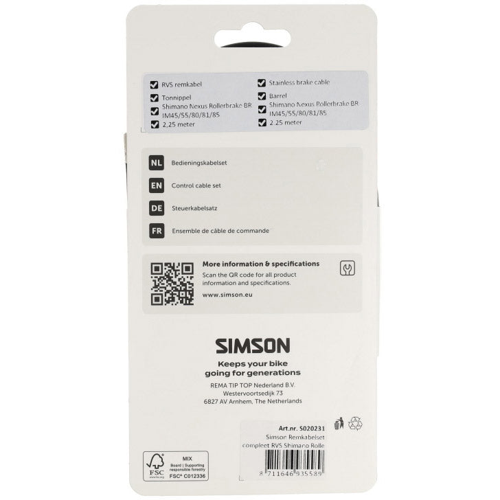Simson remkabelset compleet rvs shimano rollerbrake zwart