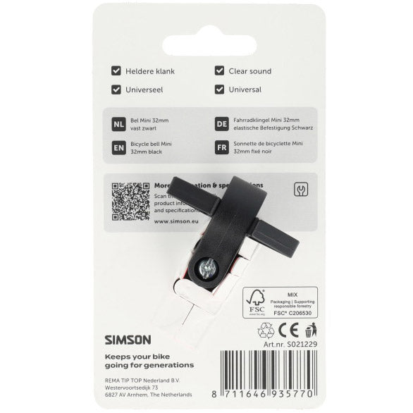 Simson fietsbel mini 32mm vaste kunststof bevestiging zwart