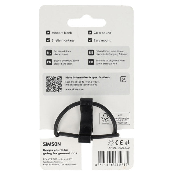 Simson fietsbel micro 23mm rubber elastiek bevestiging zwart