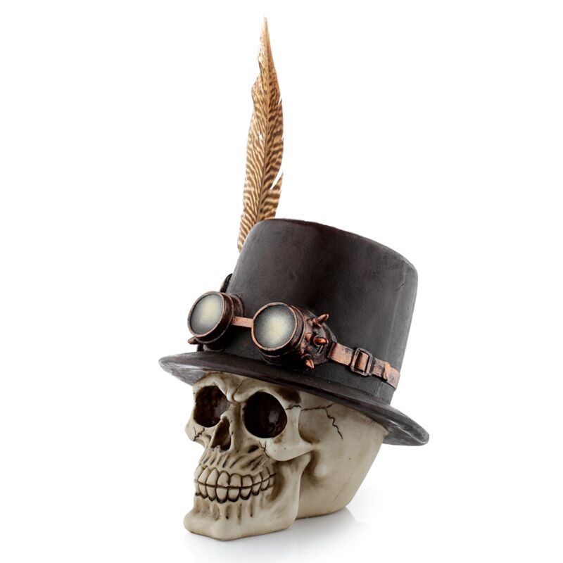Steampunk-stijl schedel met hoge hoed veren woonaccessoire