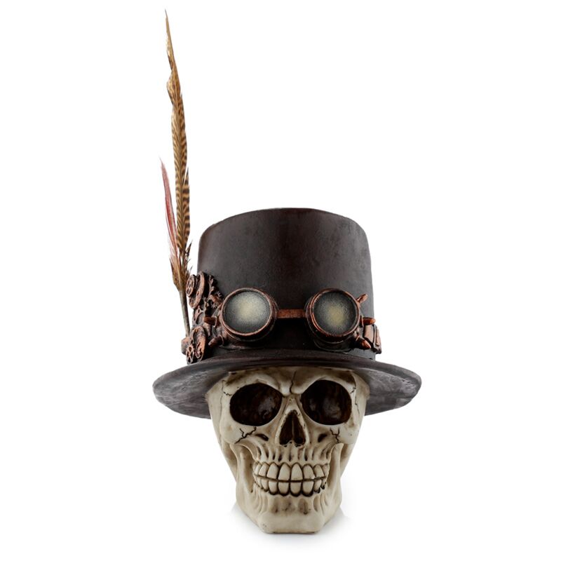 Steampunk-stijl schedel met hoge hoed veren woonaccessoire