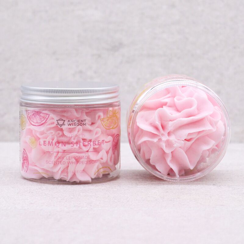 Roze limonade sorbetpot met slagroomzeep bodywash