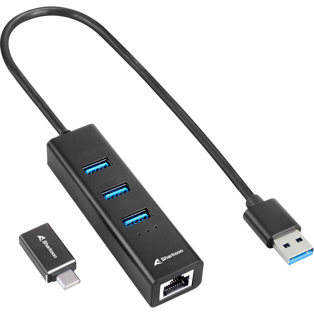 Sharkoon Sharkoon 3-poorts USB 3.2 Gen 1 aluminium hub + RJ45 Ethernet