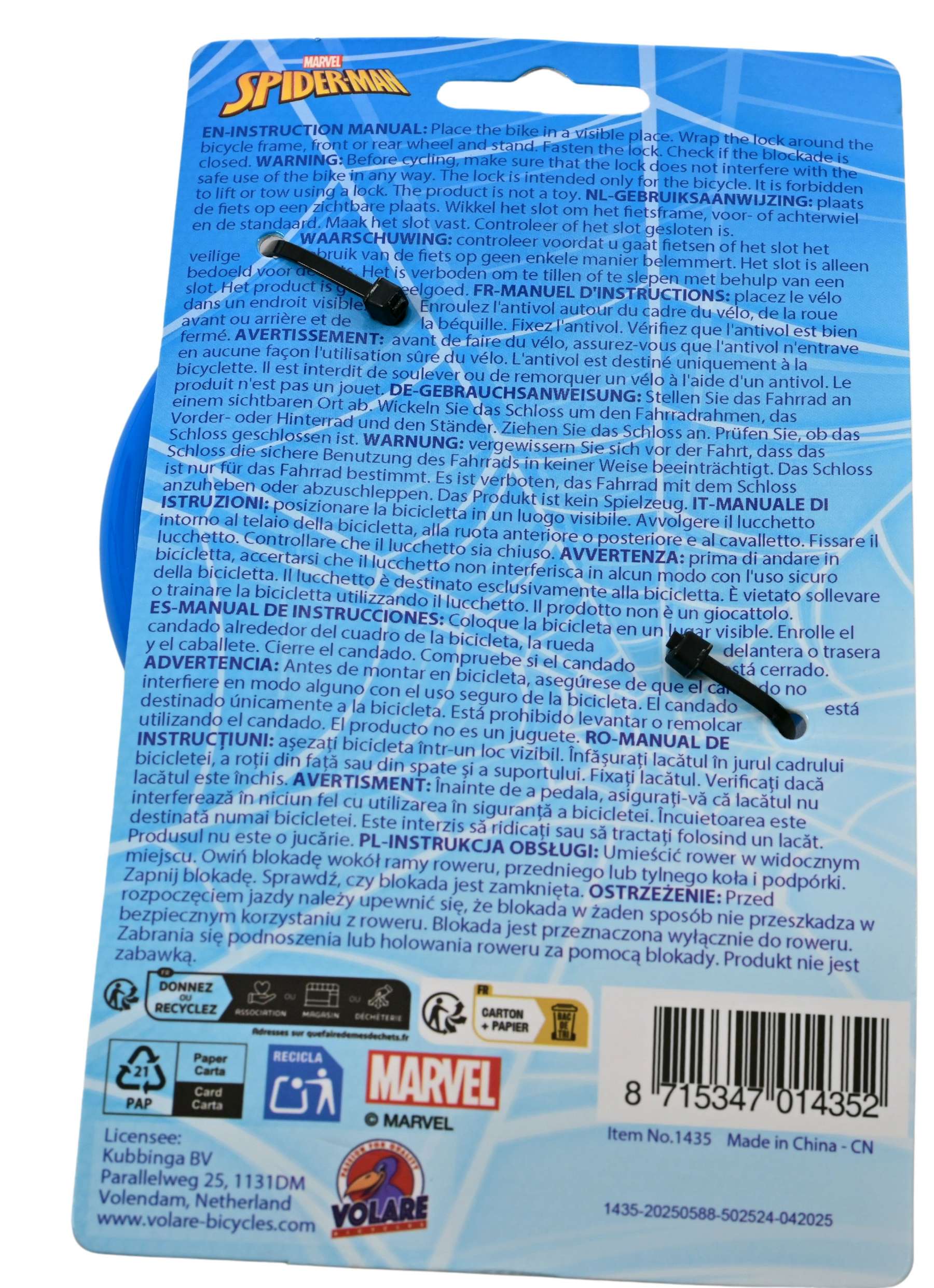 Spiderman kabelslot blauw rood