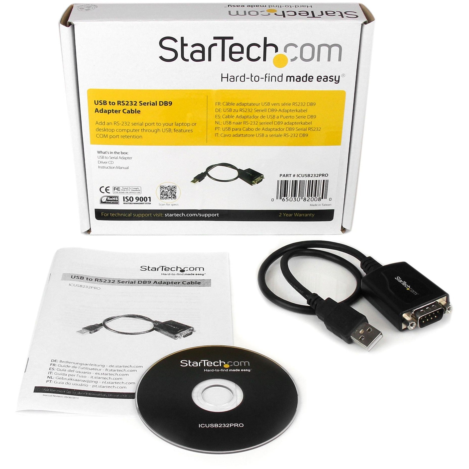 Startech Startech USB naar RS232 Seriële DB9 Adapterkabel met COM-be