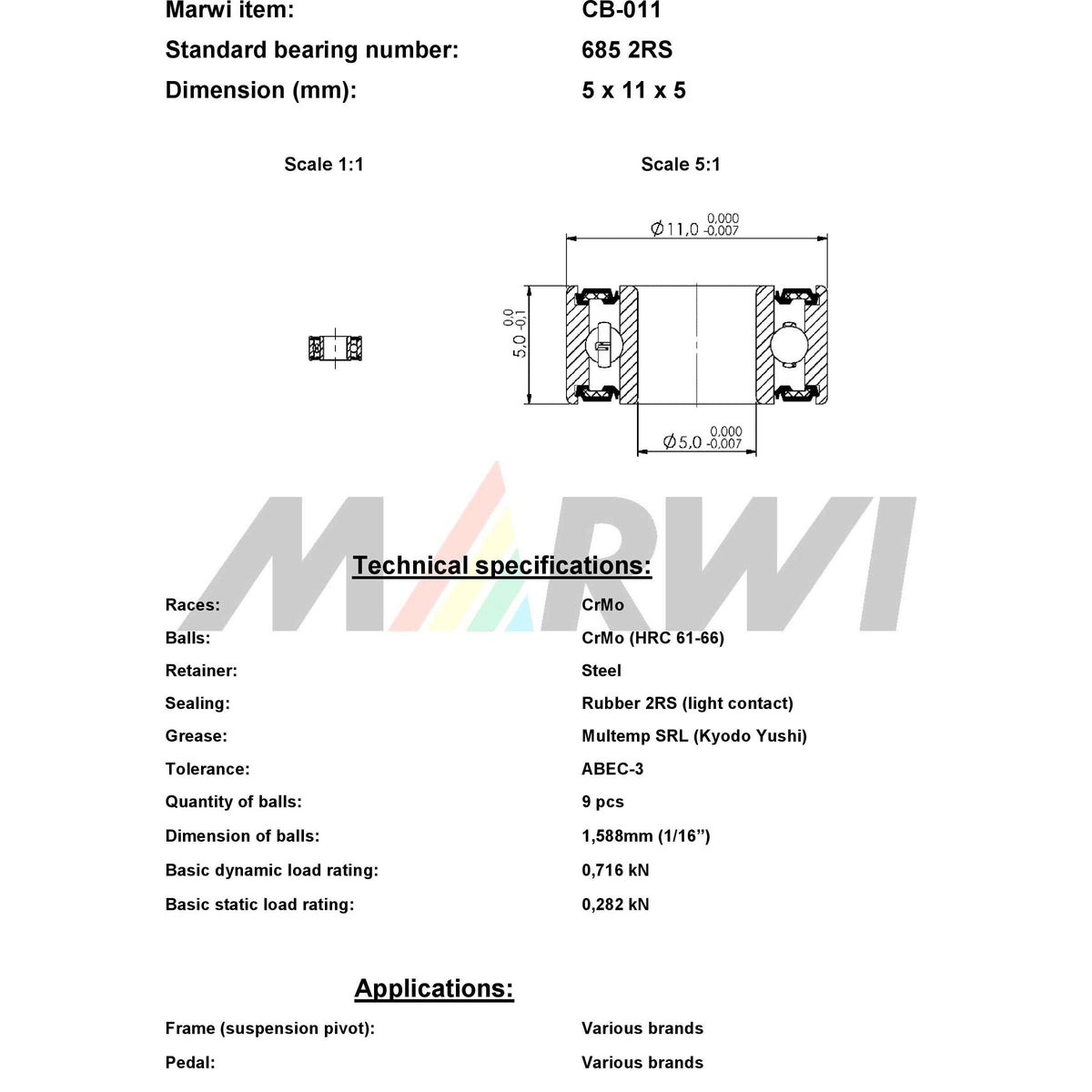 Marwi union ball bearing cb-011 685 2rs 5x11x5