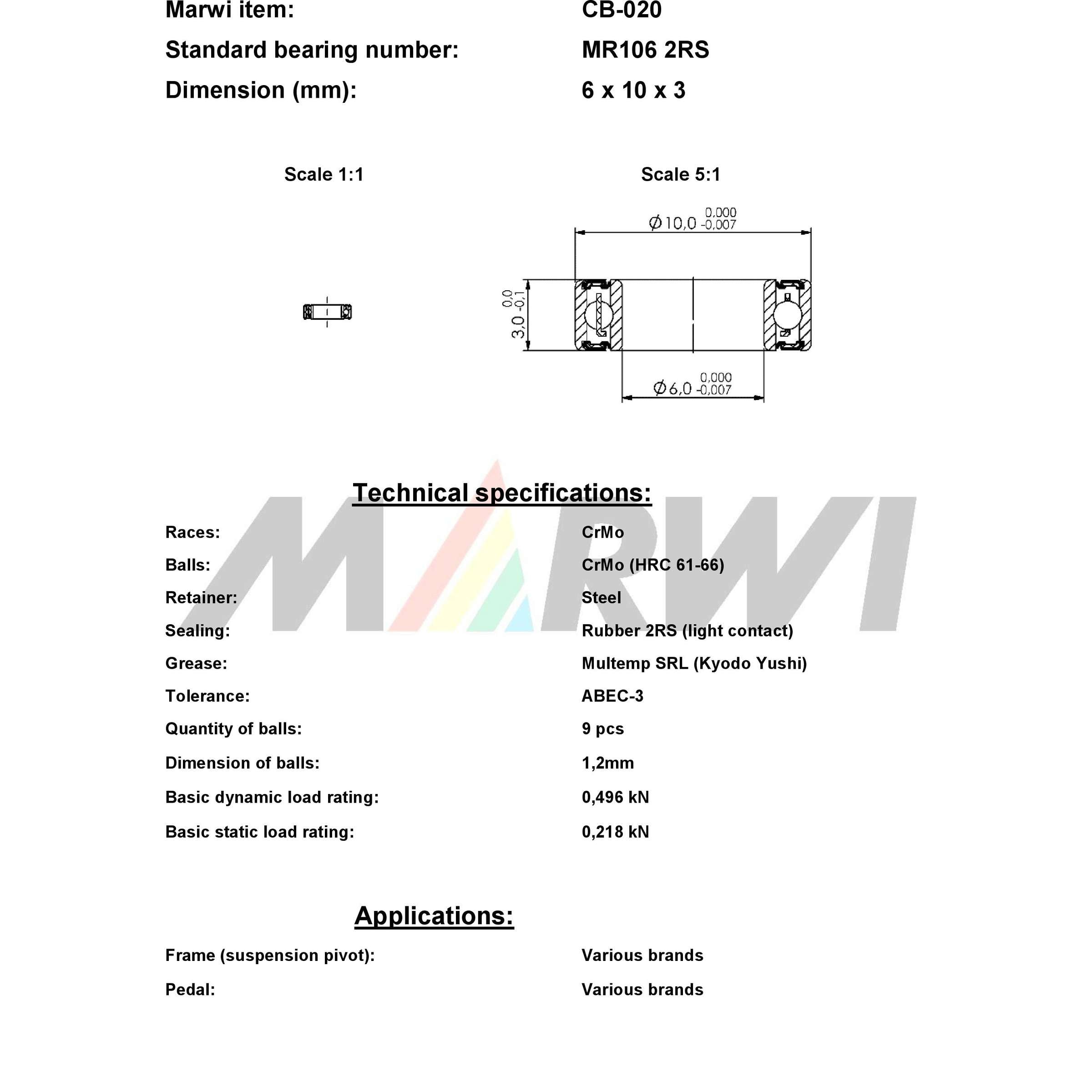 Marwi union kogellager ball bearing union cb-020 6x10x3