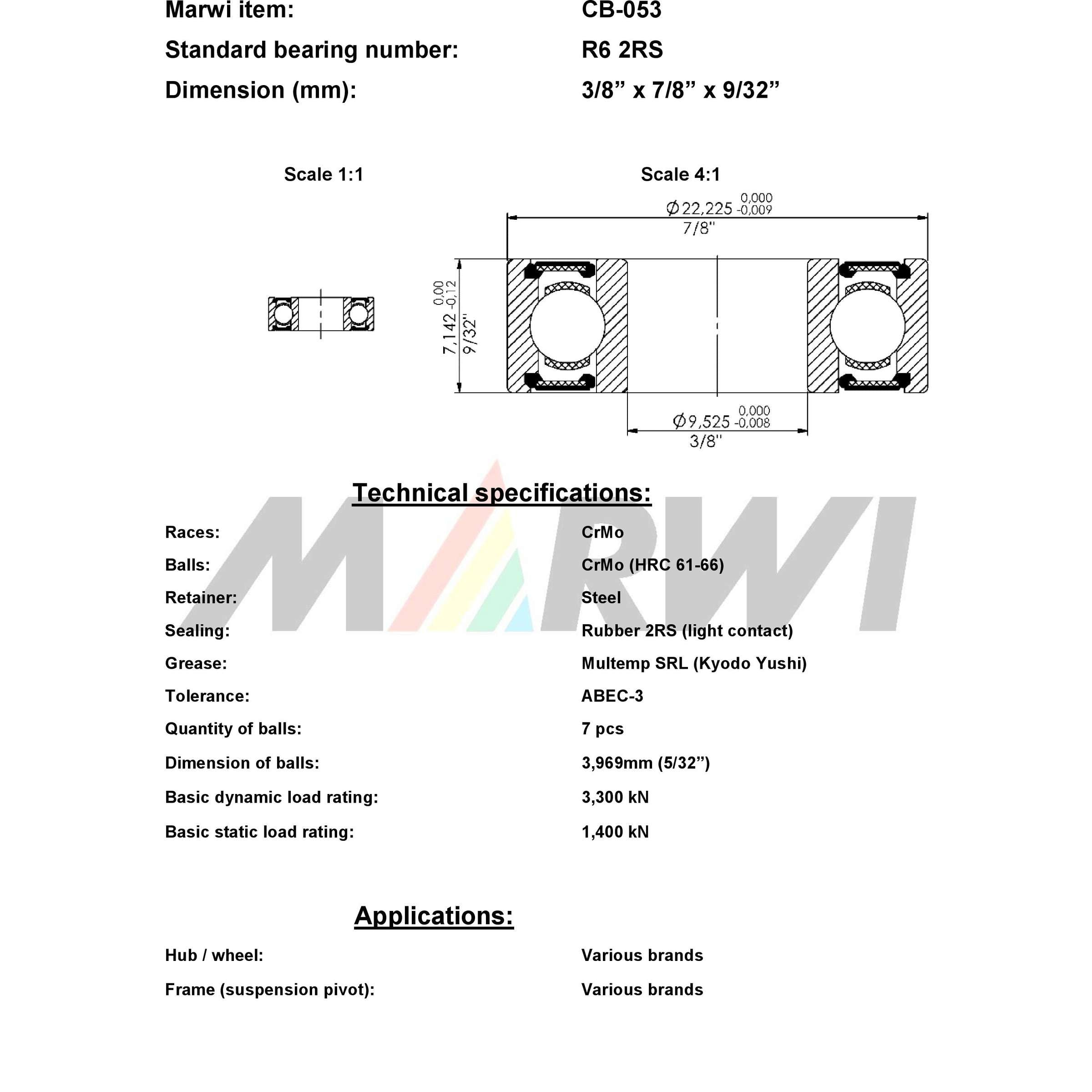 Union kogellager ball bearing cb-053 3 8 x7 8 x9 32