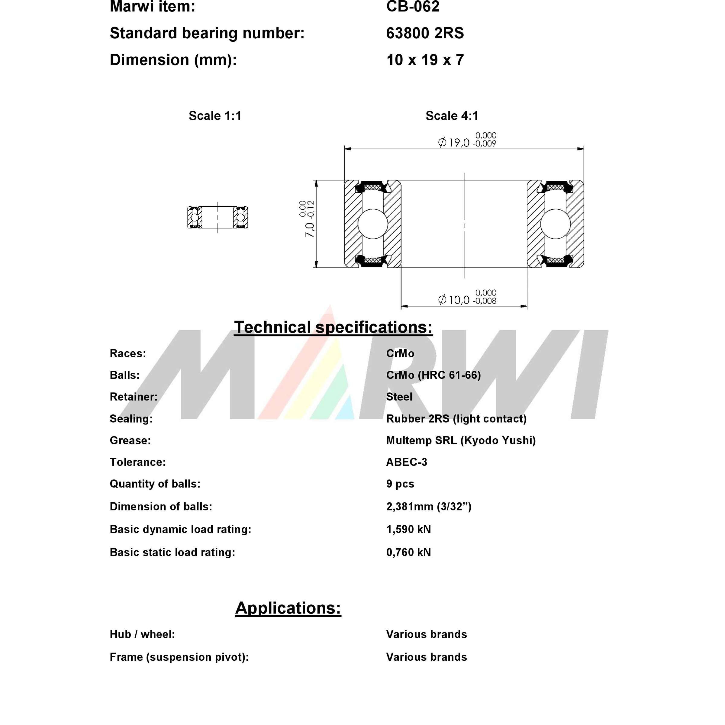 Union kogellager ball bearing cb-062 10x19x7