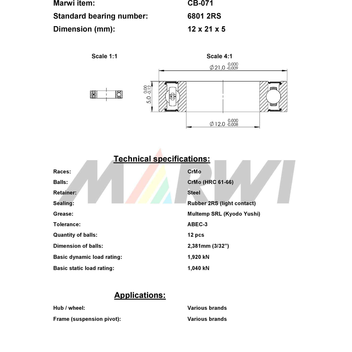 Union ball bearing cb-071 12x21x5