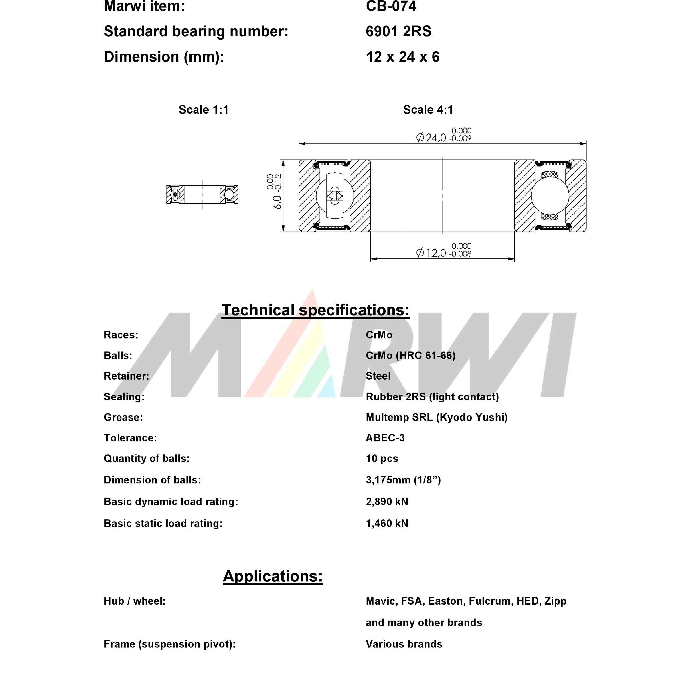 Marwi union kogellager ball bearing union cb-074 12x24x6