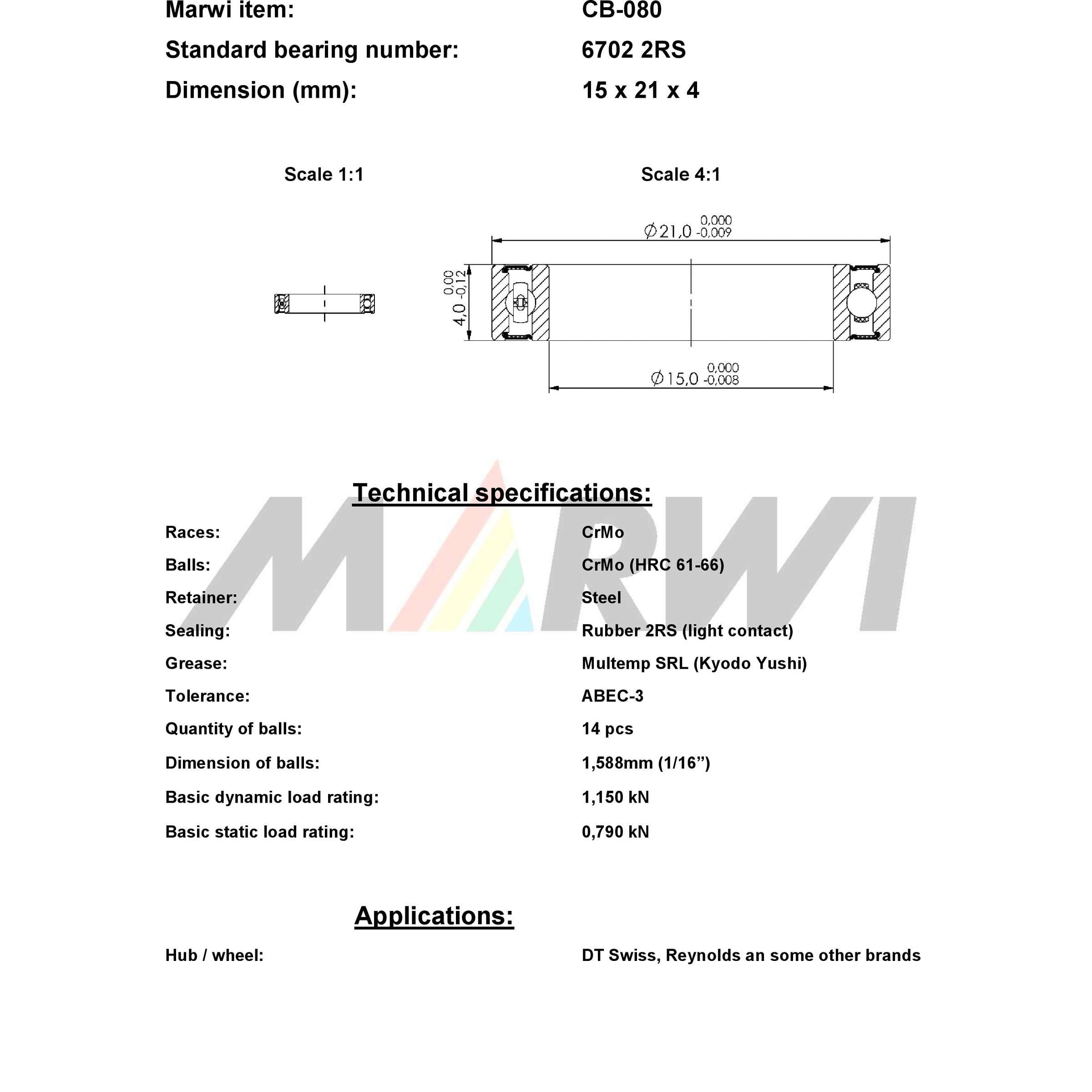 Union ball bearing cb-080 15x21x4