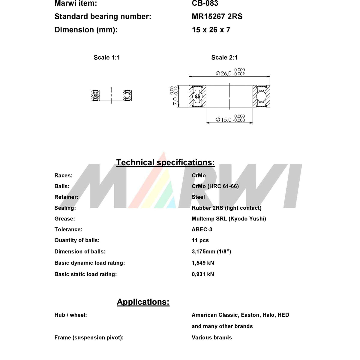 Union ball bearing cb-083 15x26x7