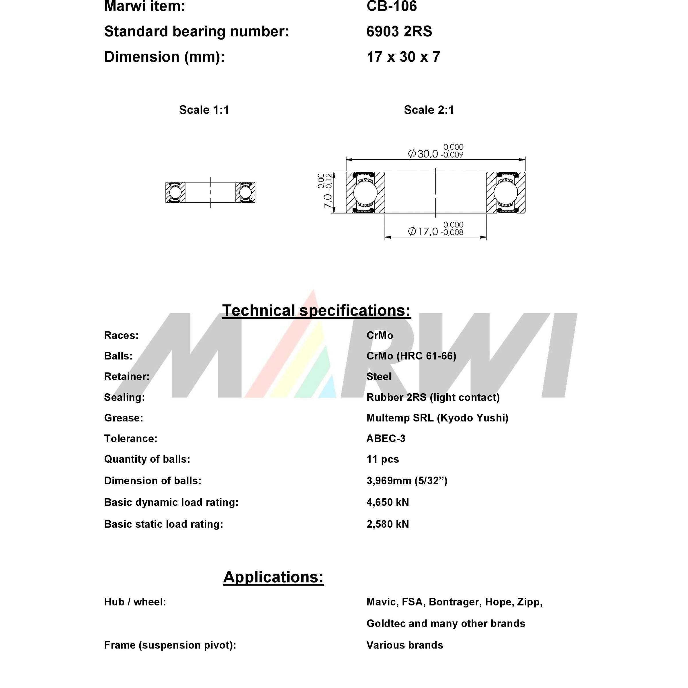 Marwi union kogellager ball bearing union cb-106 17x30x7