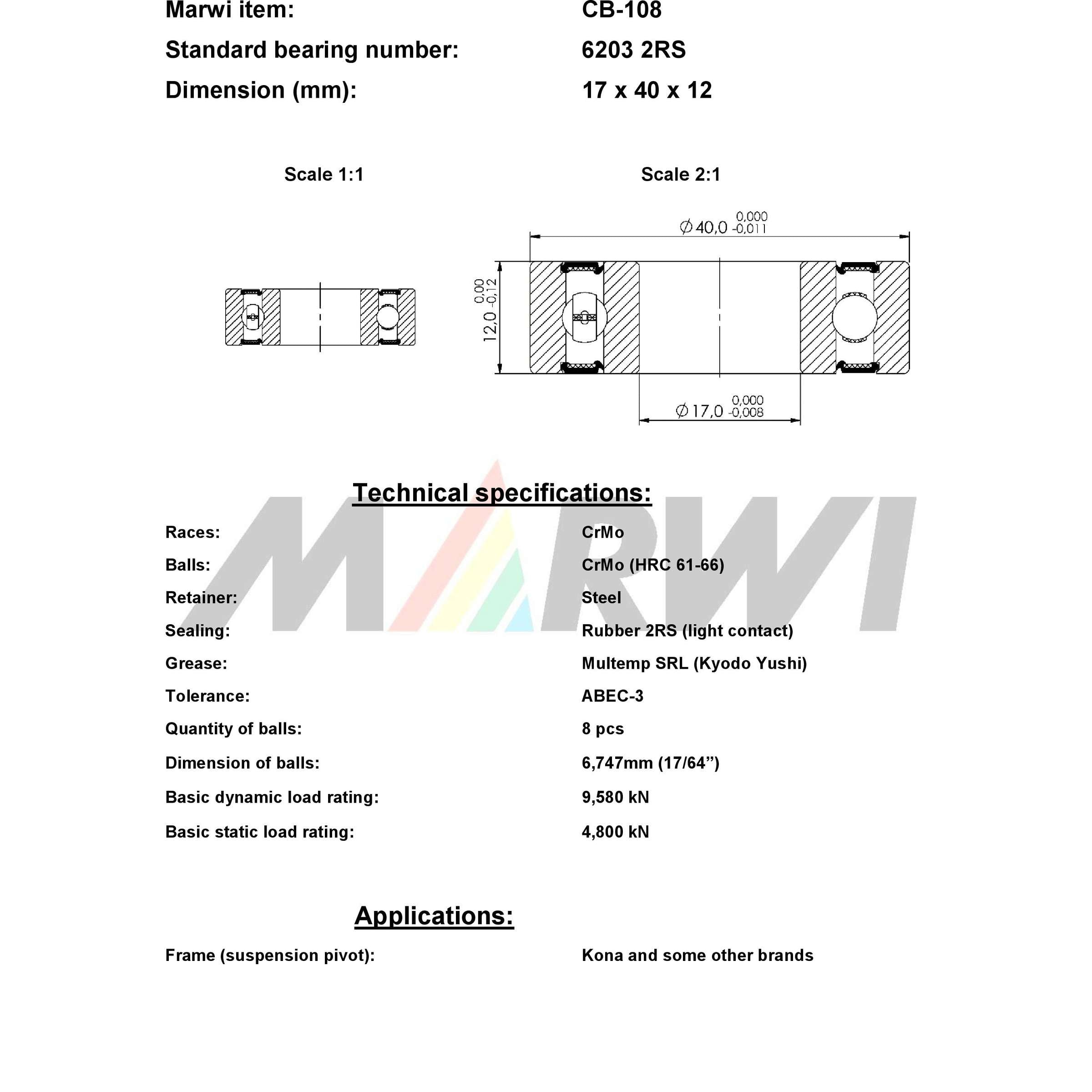 Union ball bearing ball bearing cb-108 17x40x12