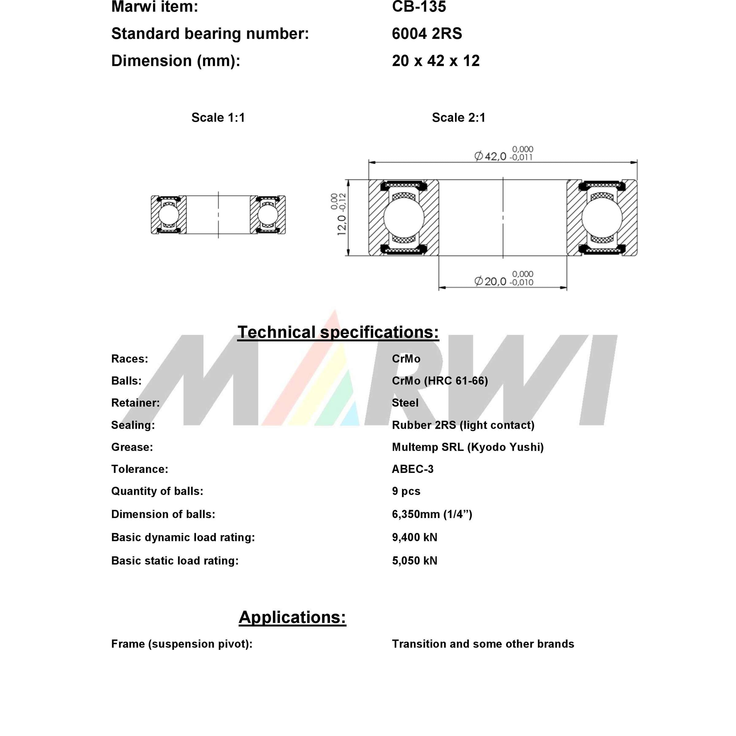 Union kugellager ball bearing cb-135 20x42x12