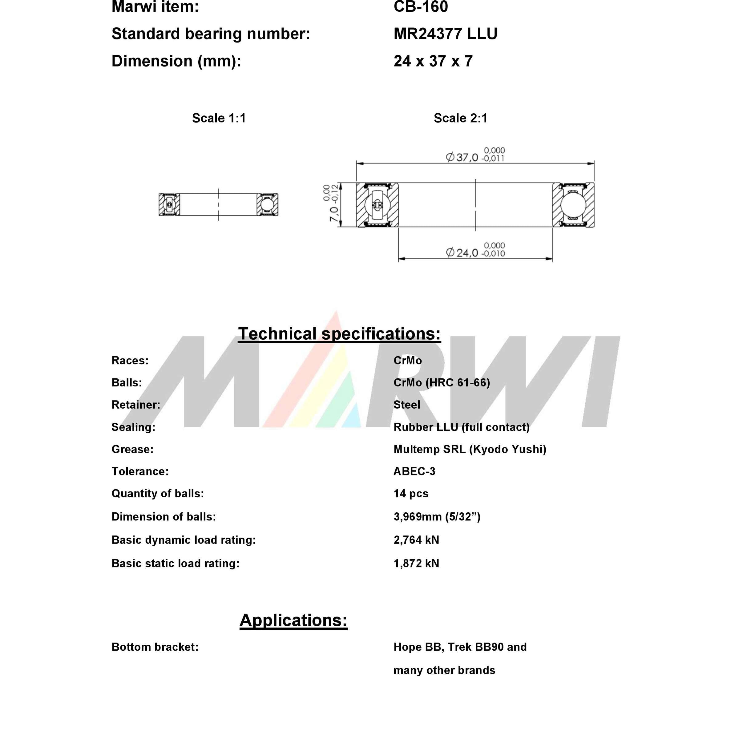 Marwi union kogellager cb-160 mr24377 24x37x7 2rs