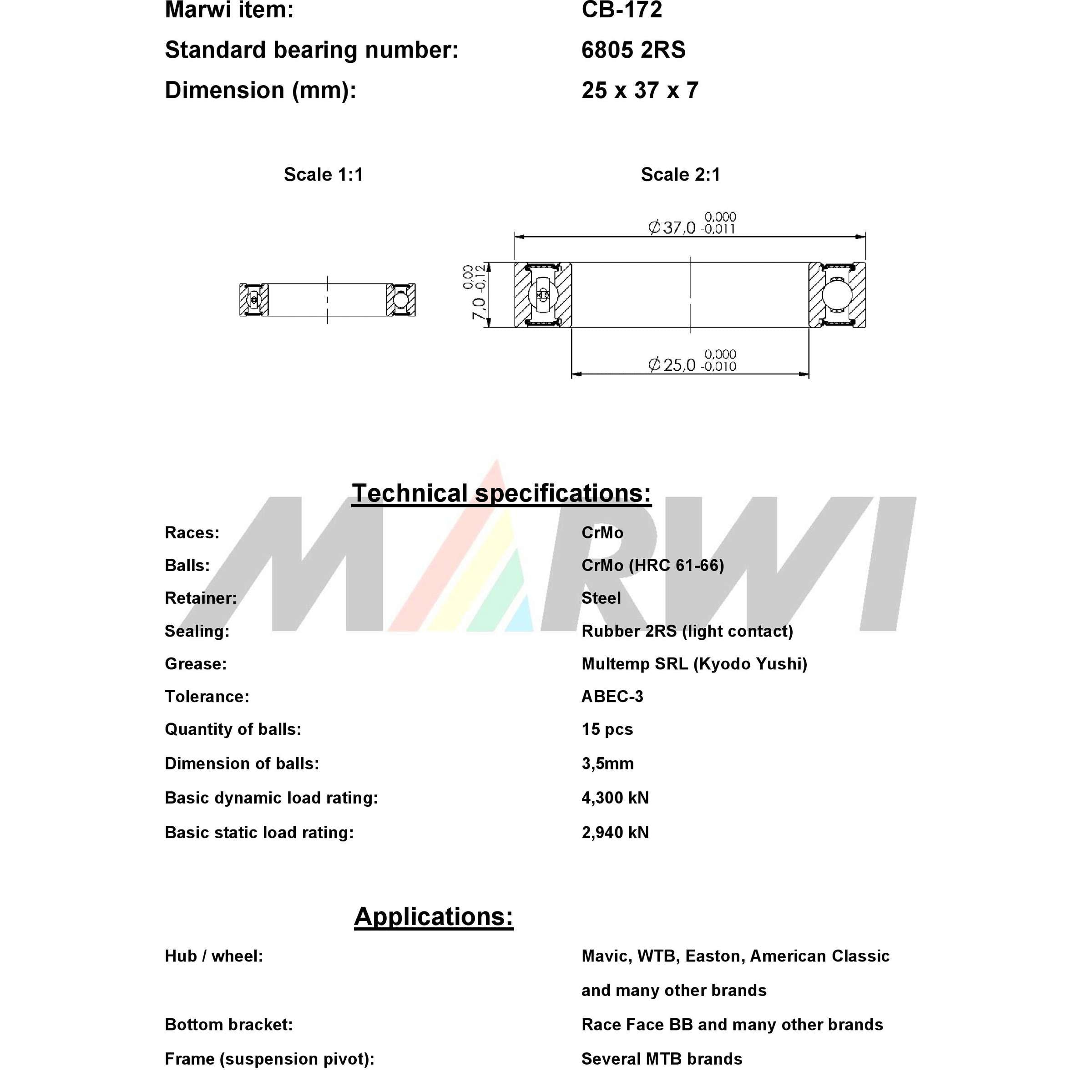 Union kogellager ball bearing cb-172 25x37x7