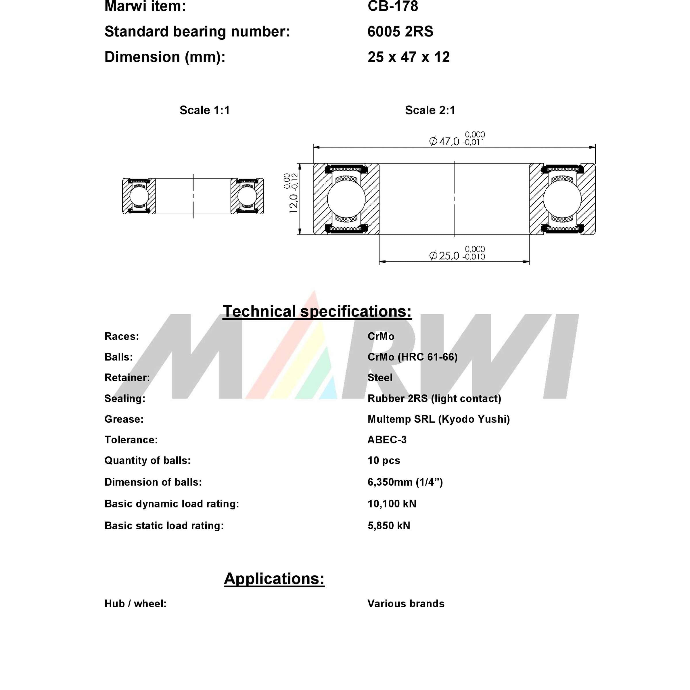 Roulement à billes Marwi CB-178 6005 2RS 25x47x12 436178