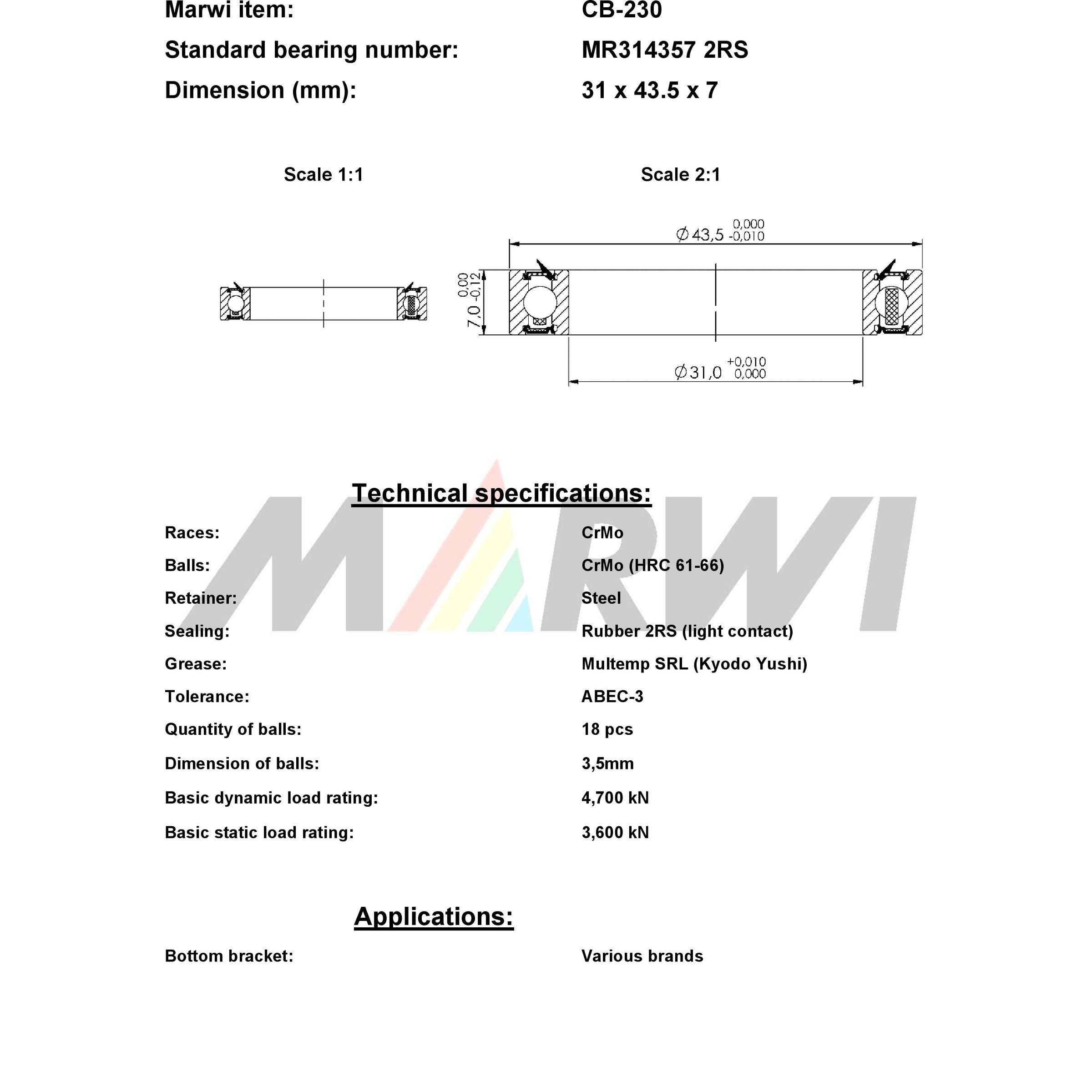 Roulement à billes Marwi CB-230 MR314357 2RS 31x43.5x7 436230