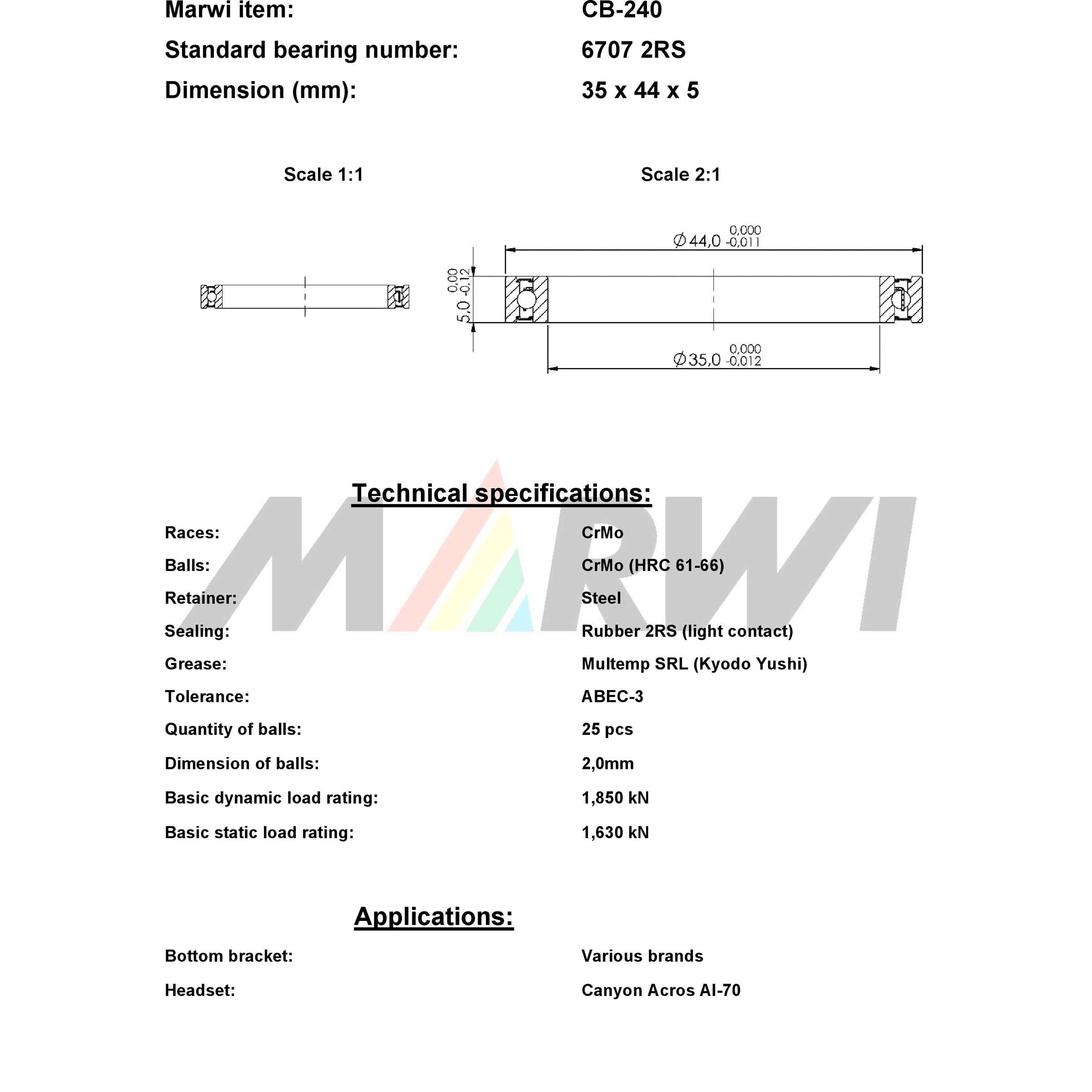 Marwi union kogellager ball bearing union cb-240 35x44x5