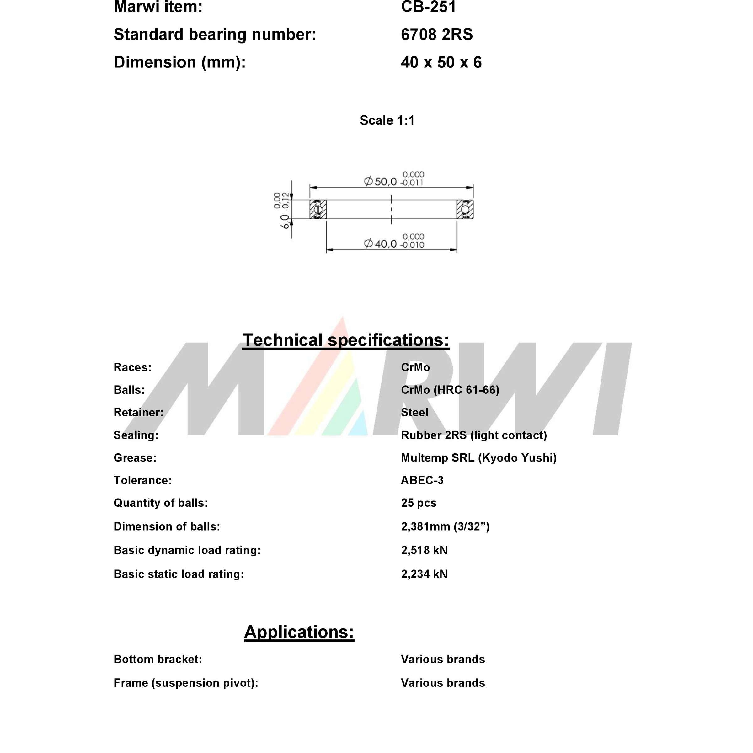 Marwi union kogellager ball bearing union cb-251 40x50x6