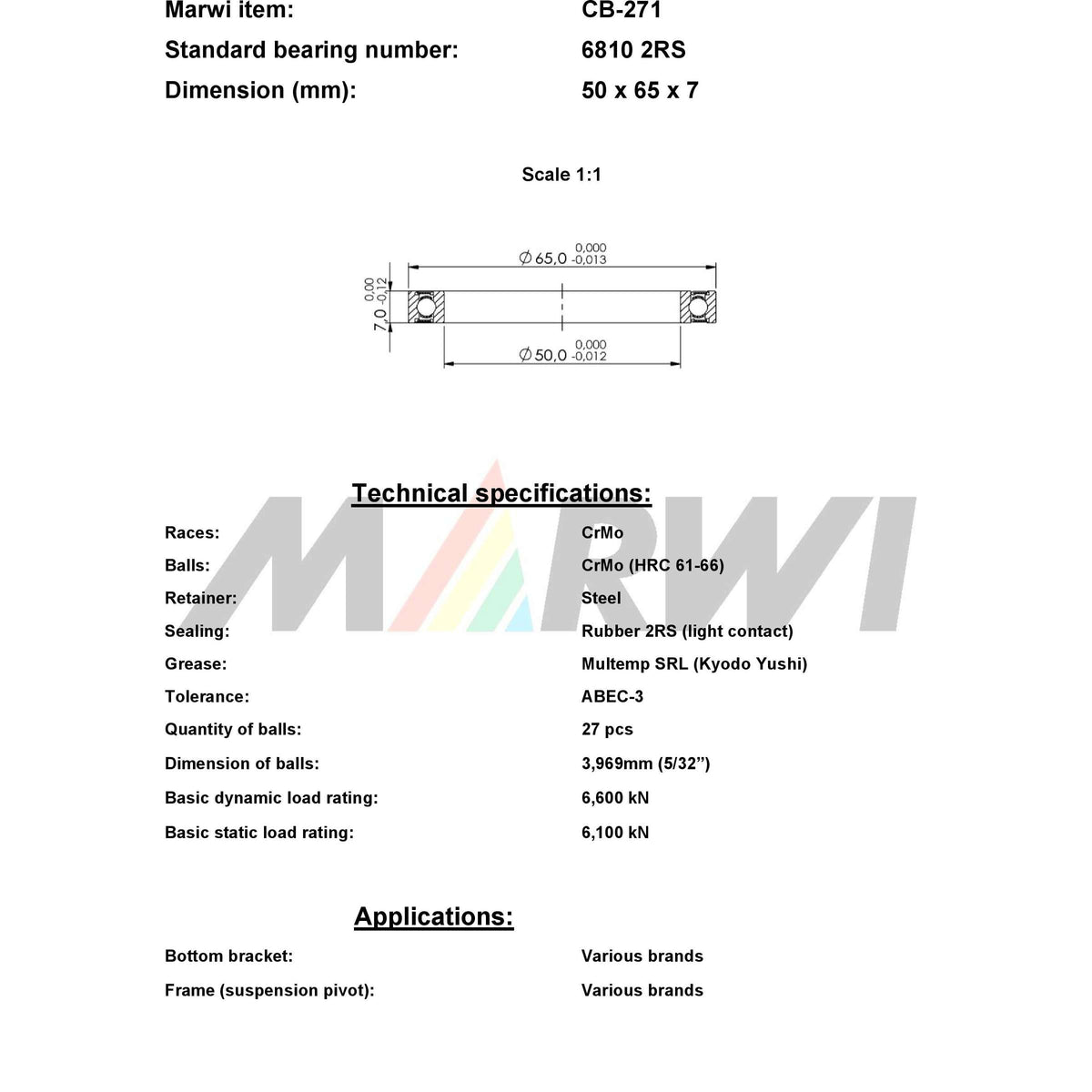 Union ball bearing ball bearing cb-271 50x65x7
