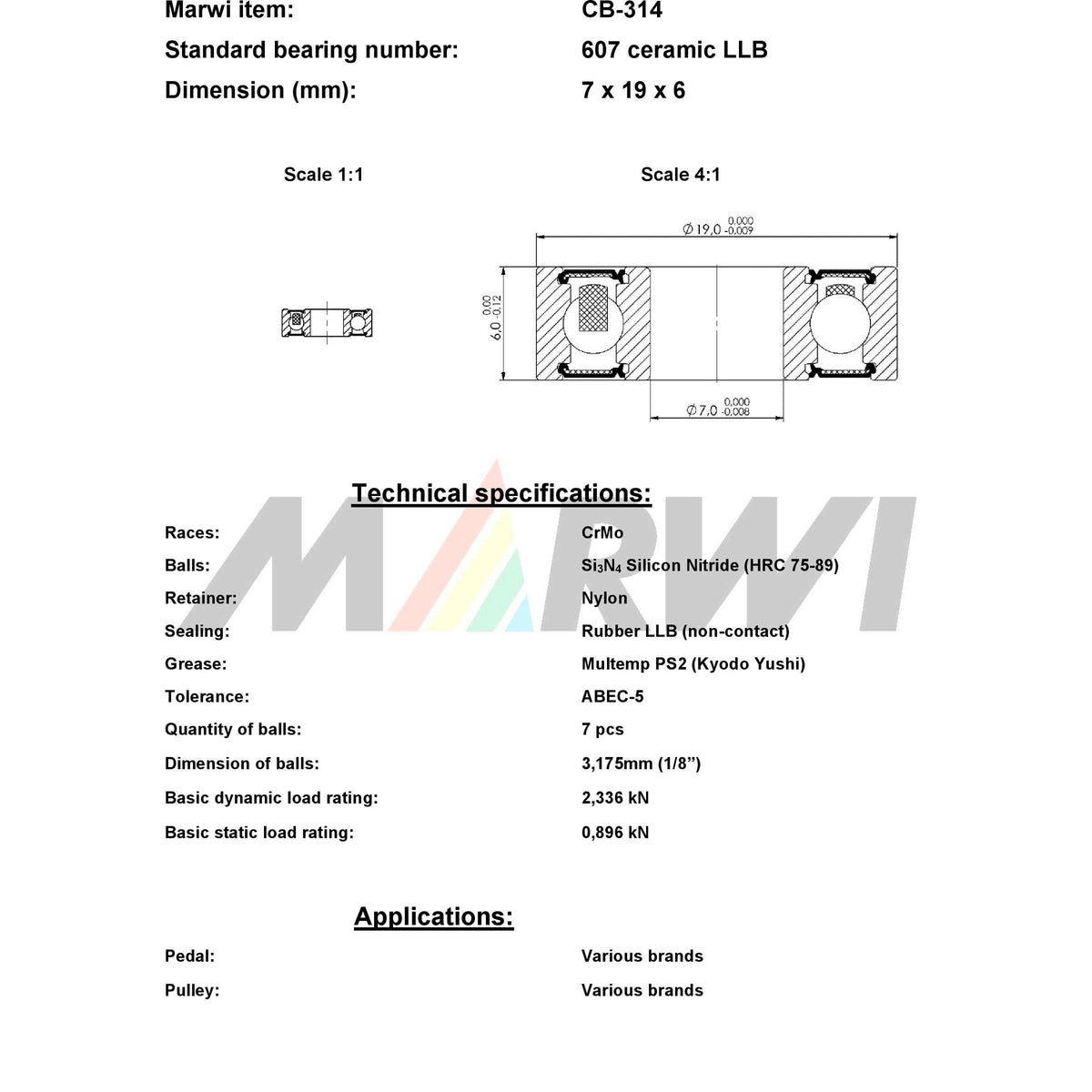 Union ball bearing cb-314 607 llb 7x19x6 ceramic
