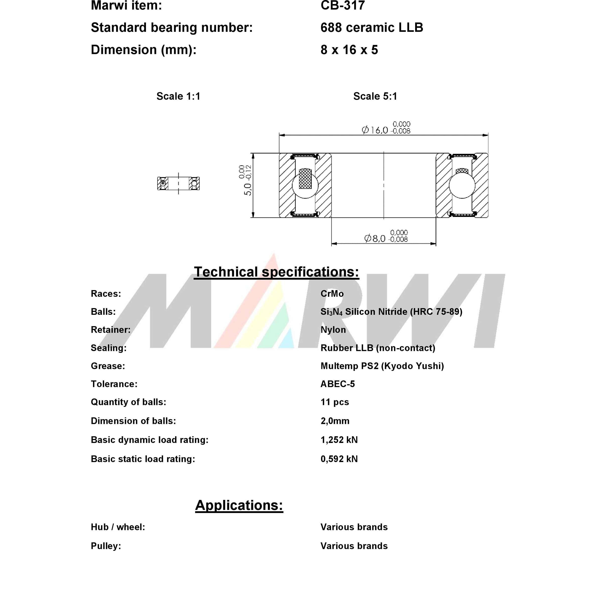 Union kogellager cb-317 688 llb 8x16x5 keramisch