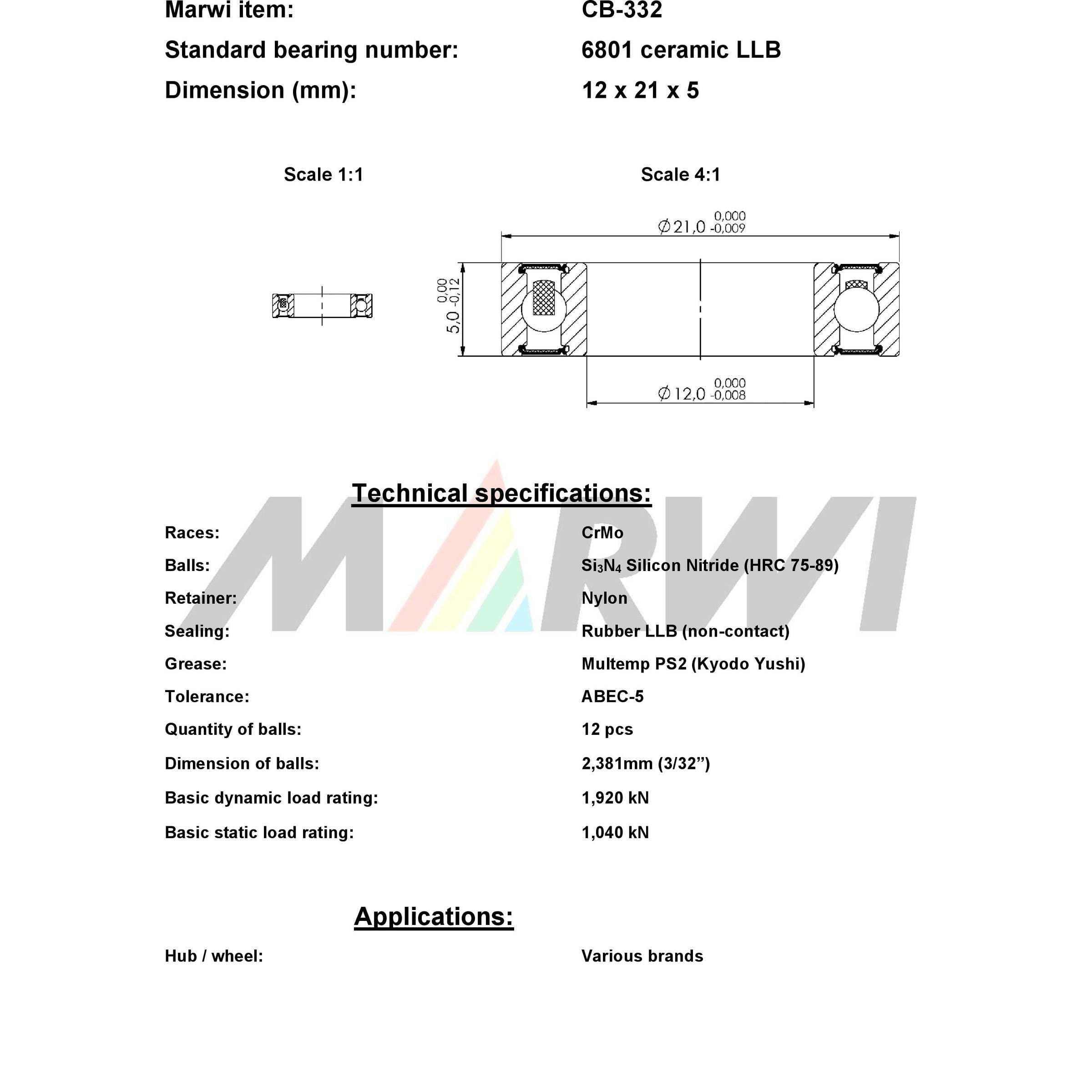 Union ball bearing ball bearing cb-332 12x21x5
