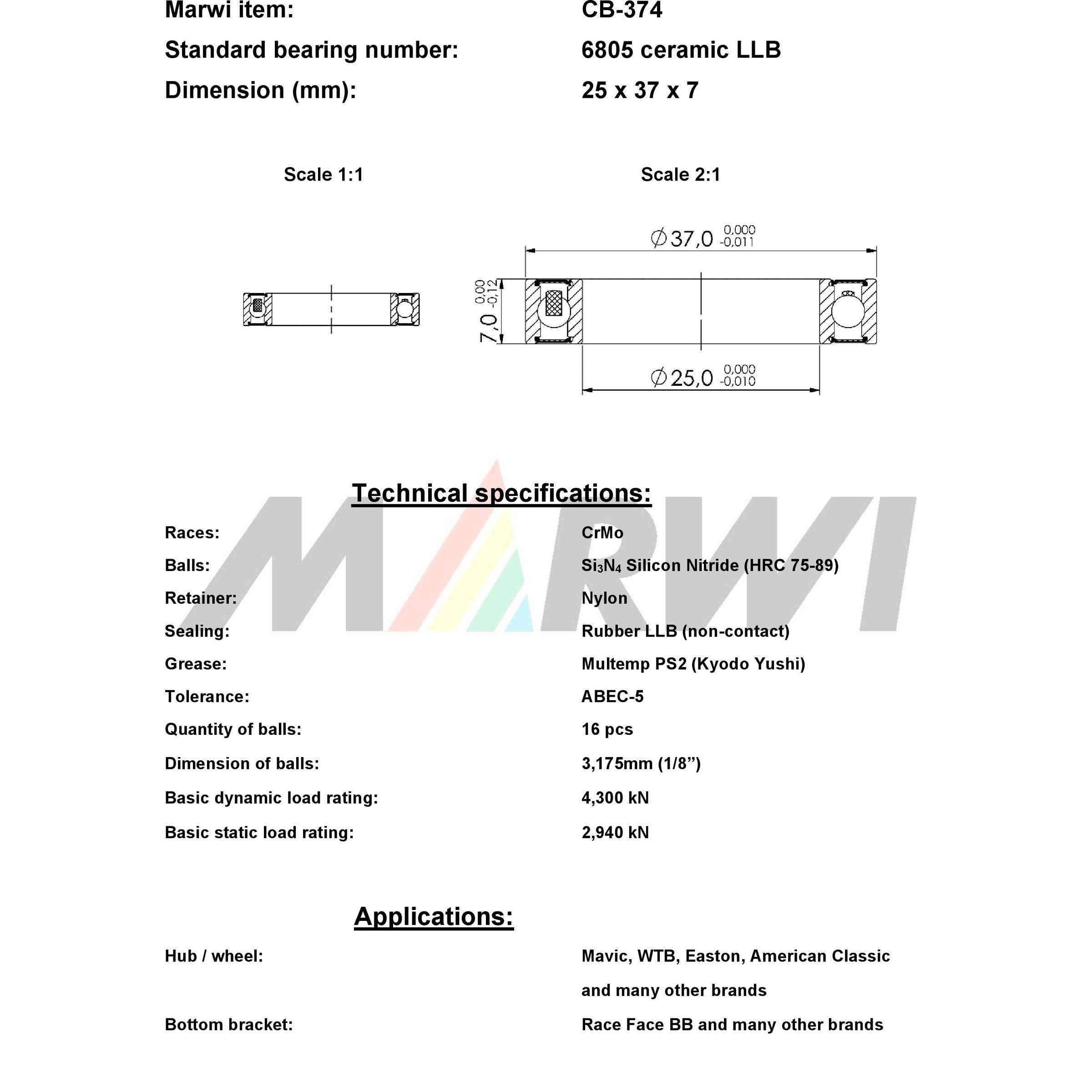 Union kogellager cb-374 6805 llb 25x37x7 keramisch