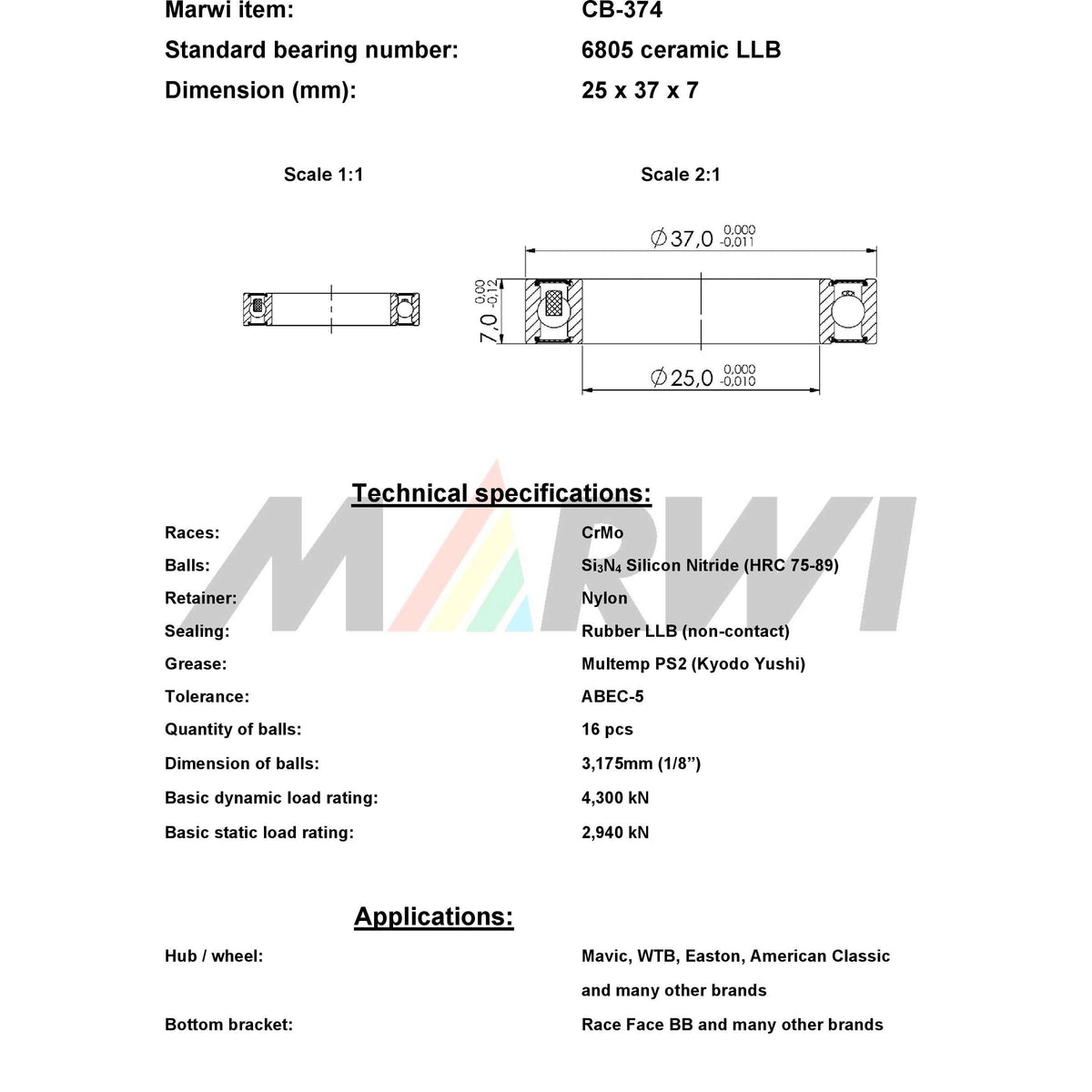 Union ball bearing cb-374 25x37x7