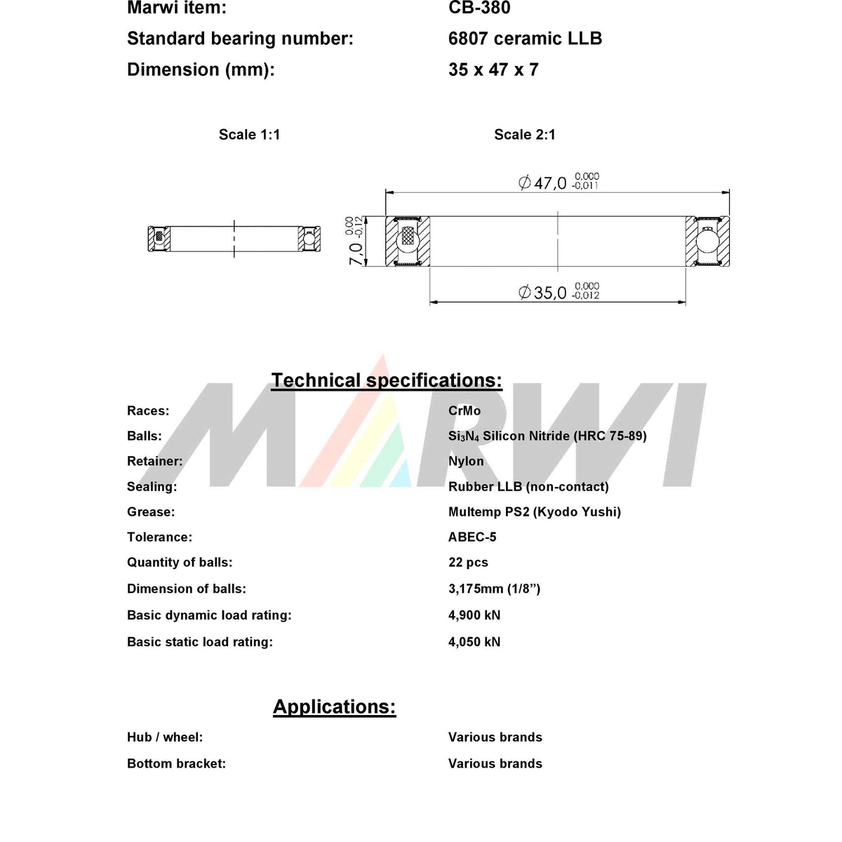 Marwi union ball bearing cb-380 6807 llb 35x47x7 ceramic