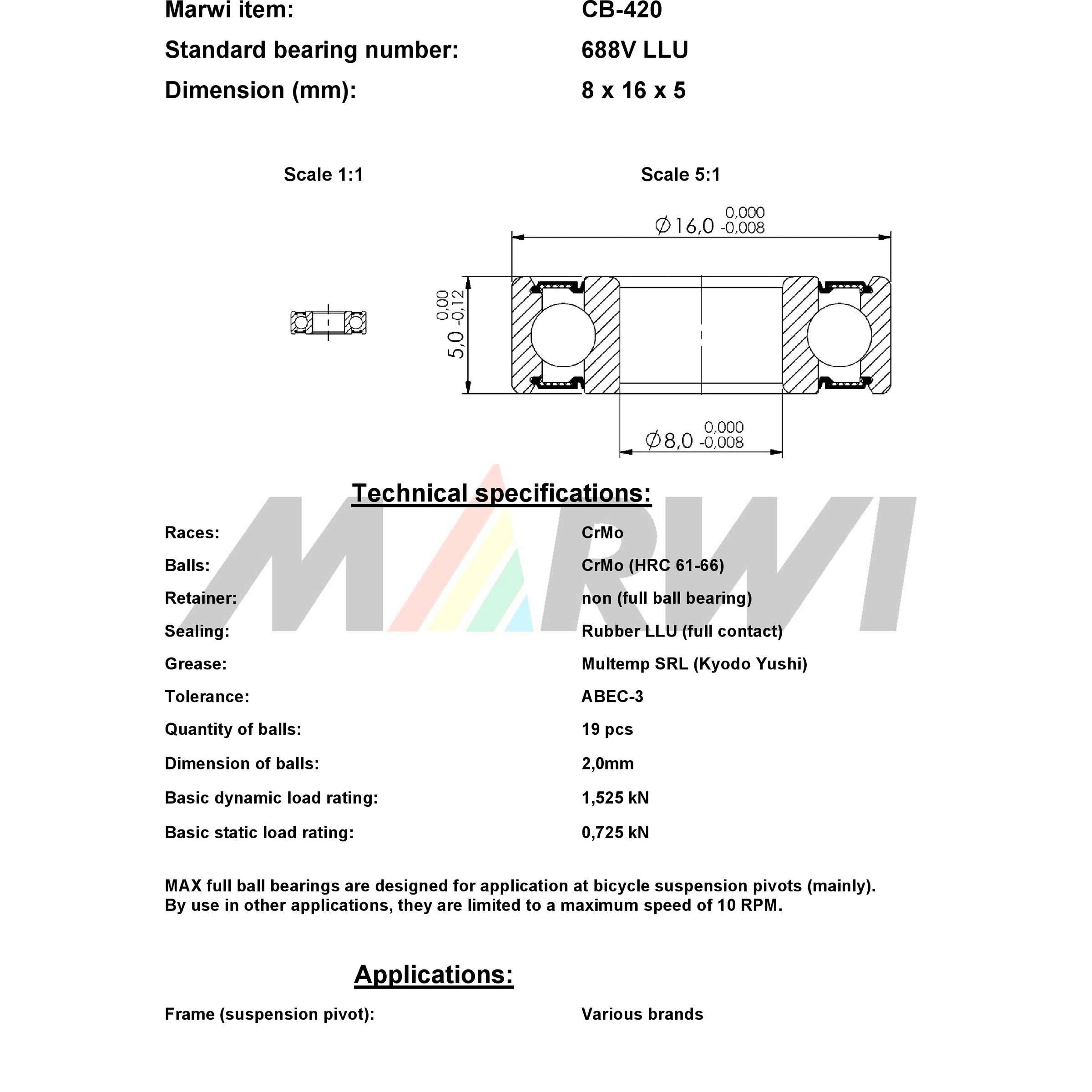 Union ball bearing max cb-420 688v llu 8x16x5 ceramic