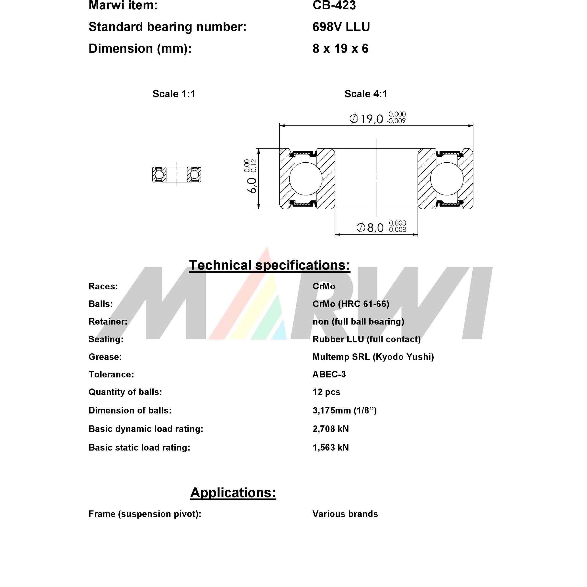 Union kogellager max cb-423 698v llu 8x19x6 keramisch