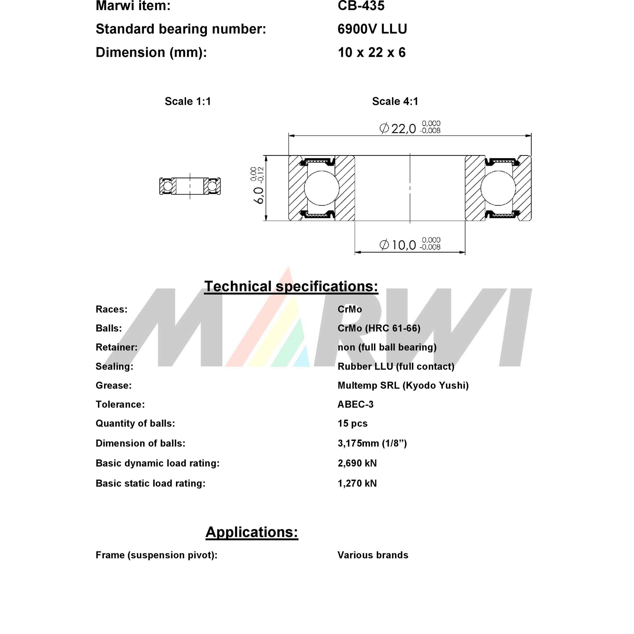 Marwi union ball bearing max cb-435 6900v llu 10x22x6