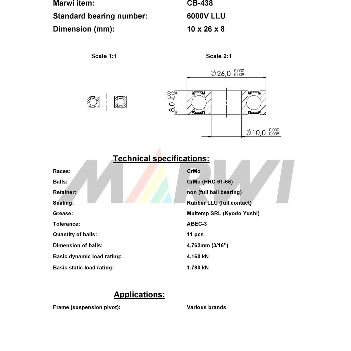Marwi Union ball bearing max cb-438 6000v llu 10x26x8