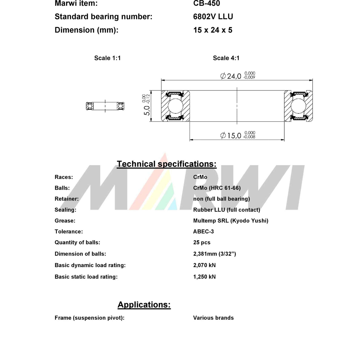 Marwi union ball bearing max cb-450 6802v llu 15x24x5