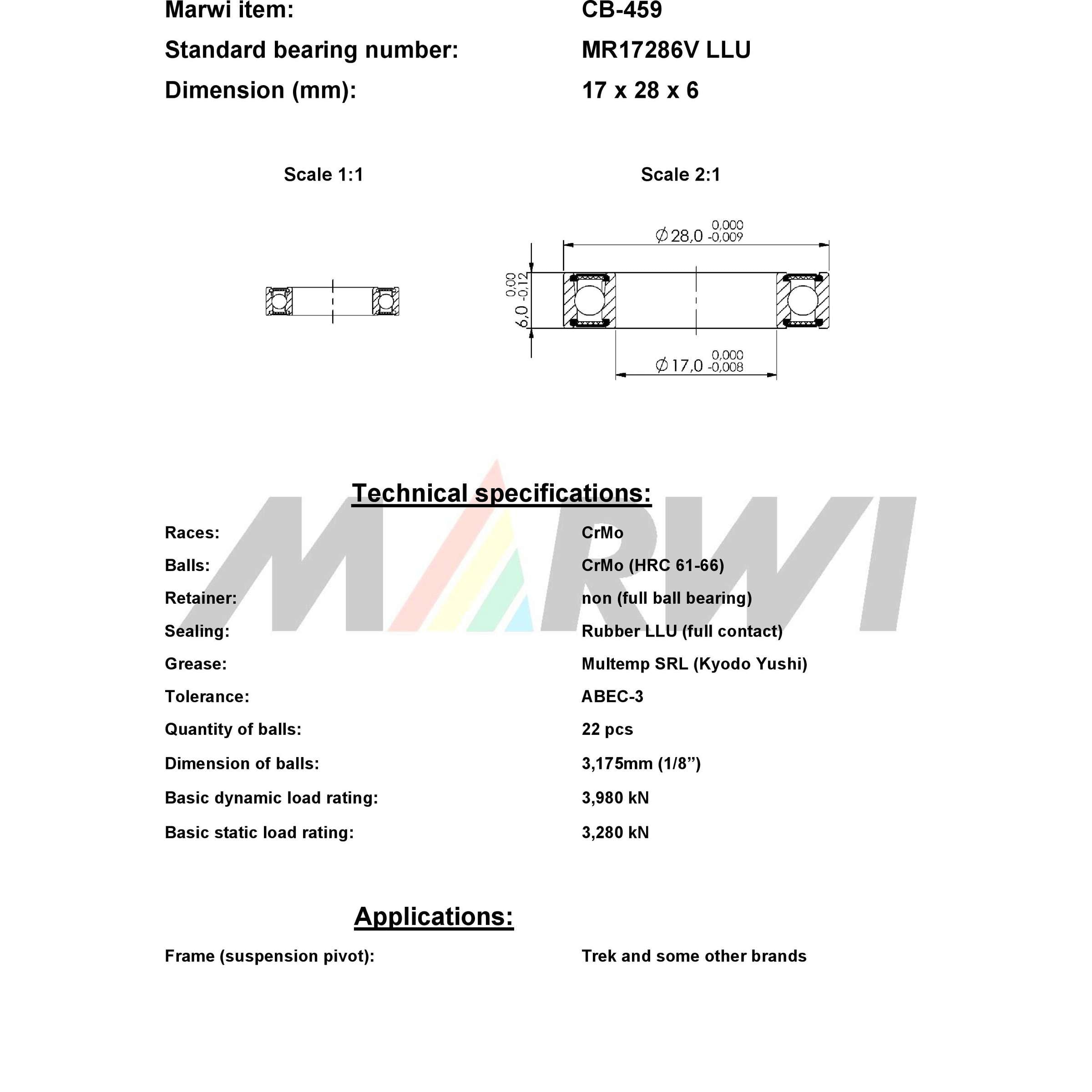 Union kogellager ball bearing cb-459 17x28x6